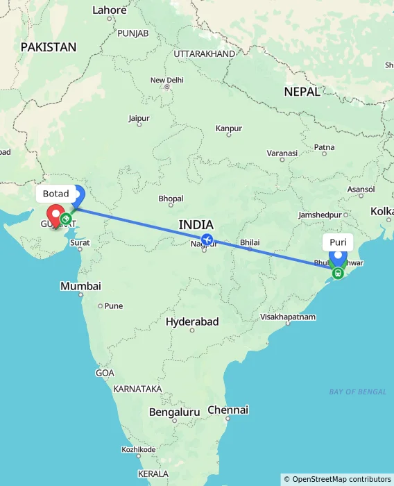 Route map showing distance and travel time from Puri, India to Botad, India