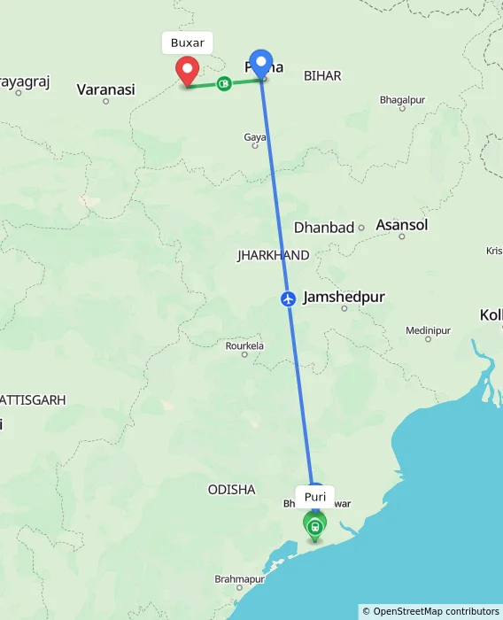 Route map showing distance and travel time from Puri, India to Buxar, India