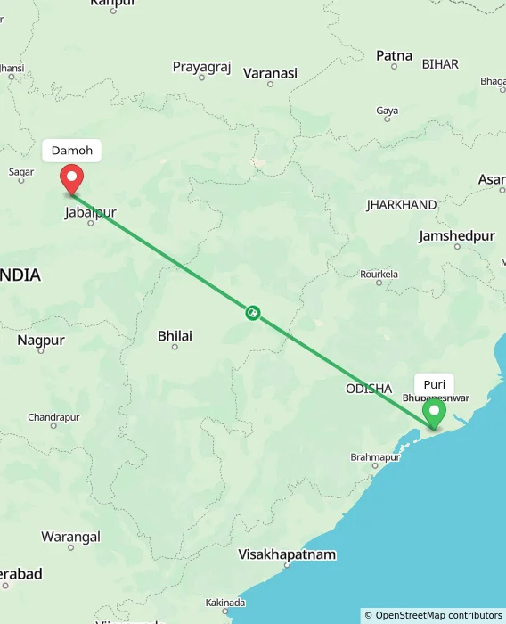 Route map showing distance and travel time from Puri, India to Damoh, India