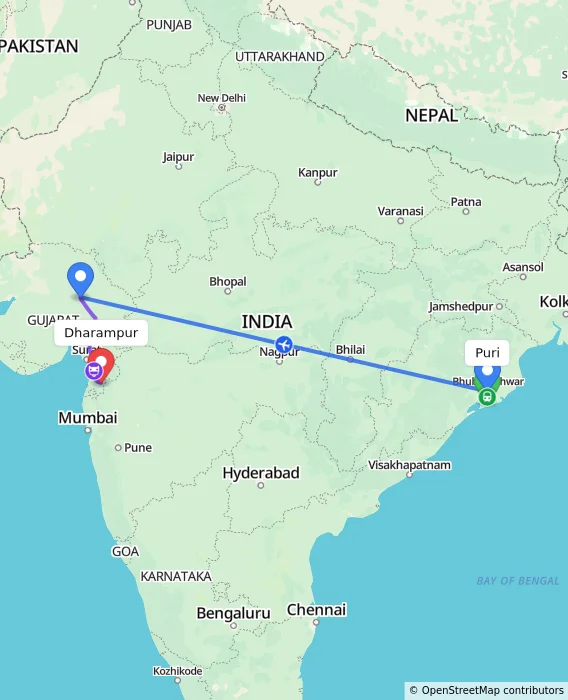 Route map showing distance and travel time from Puri, India to Dharampur, India