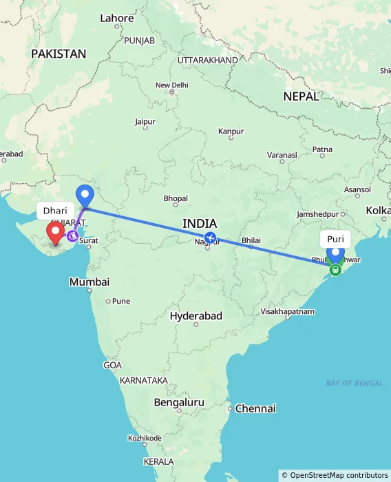 Route map showing distance and travel time from Puri, India to Dhari, India