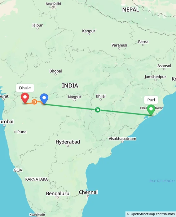 Route map showing distance and travel time from Puri, India to Dhule, India