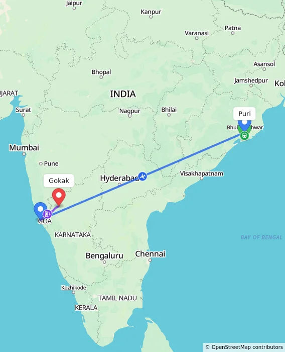 Route map showing distance and travel time from Puri, India to Gokak, India