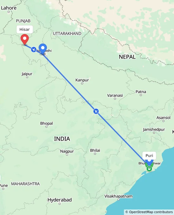 Route map showing distance and travel time from Puri, India to Hisar, India