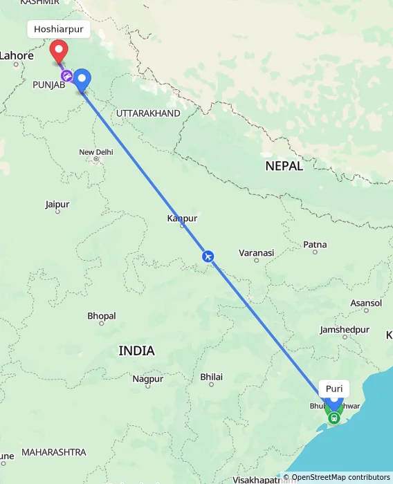 Route map showing distance and travel time from Puri, India to Hoshiarpur, India