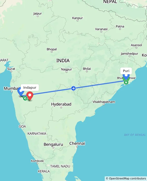 Route map showing distance and travel time from Puri, India to Indapur, India