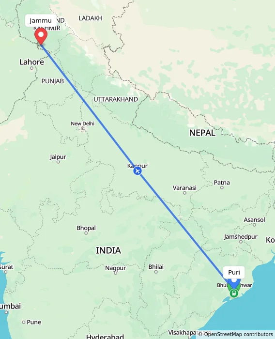 Route map showing distance and travel time from Puri, India to Jammu, India