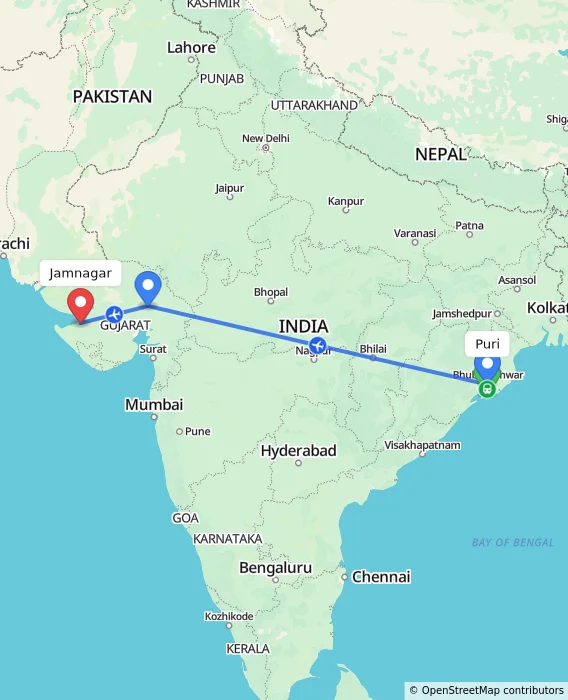 Route map showing distance and travel time from Puri, India to Jamnagar, India