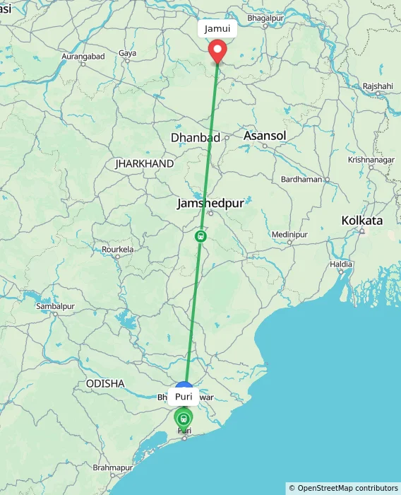 Route map showing distance and travel time from Puri, India to Jamui, India