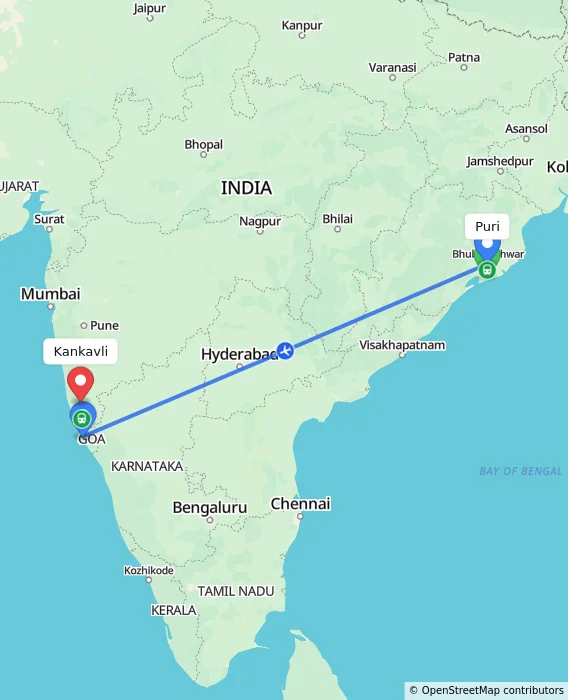 Route map showing distance and travel time from Puri, India to Kankavli, India