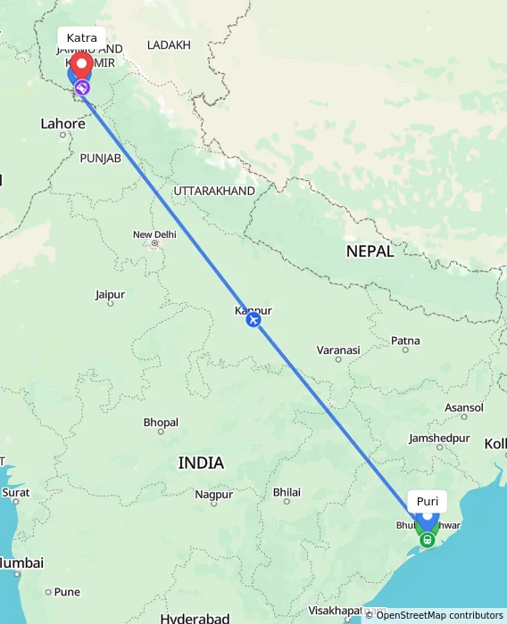 Route map showing distance and travel time from Puri, India to Katra, India
