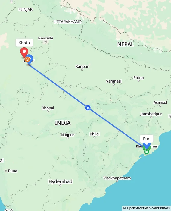 Route map showing distance and travel time from Puri, India to Khatu, India
