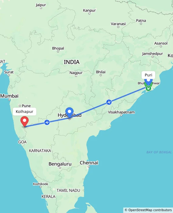 Route map showing distance and travel time from Puri, India to Kolhapur, India