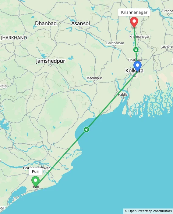 Route map showing distance and travel time from Puri, India to Krishnanagar, India
