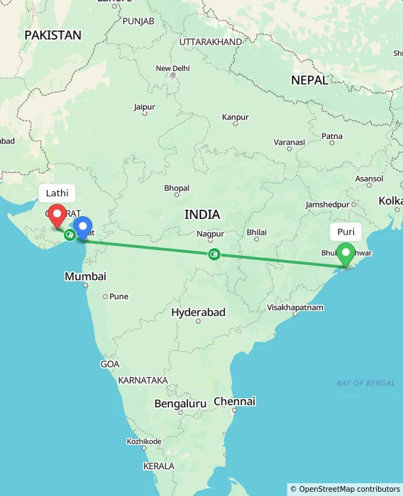 Route map showing distance and travel time from Puri, India to Lathi, India