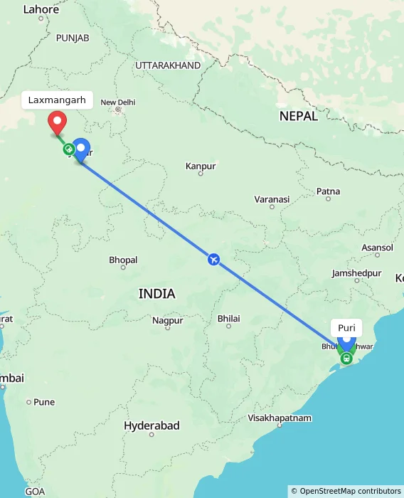 Route map showing distance and travel time from Puri, India to Laxmangarh, India