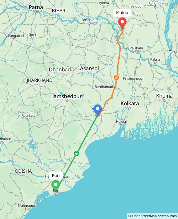 Route map showing distance and travel time from Puri, India to Malda, India