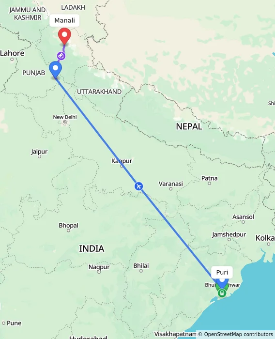 Route map showing distance and travel time from Puri, India to Manali, India