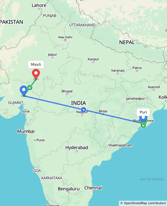 Route map showing distance and travel time from Puri, India to Mavli, India