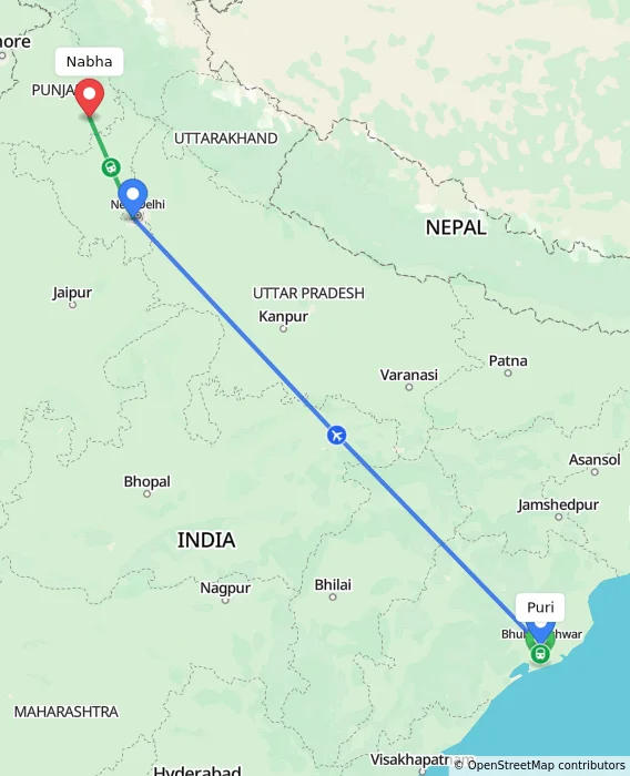 Route map showing distance and travel time from Puri, India to Nabha, India