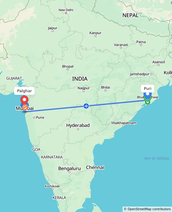 Route map showing distance and travel time from Puri, India to Palghar, India