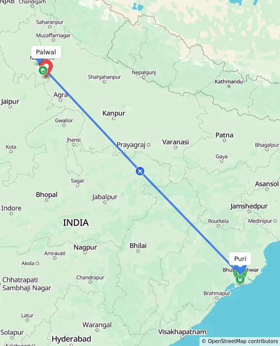 Route map showing distance and travel time from Puri, India to Palwal, India