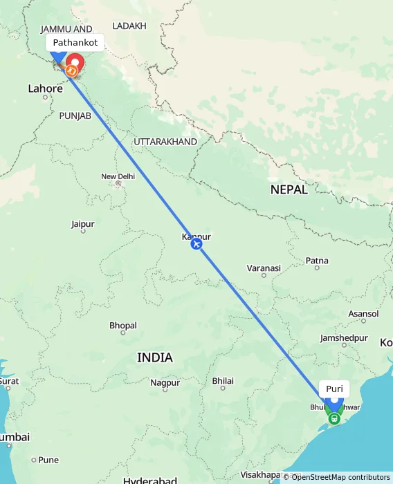 Route map showing distance and travel time from Puri, India to Pathankot, India