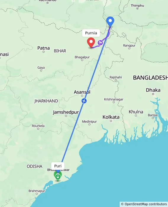 Route map showing distance and travel time from Puri, India to Purnia, India