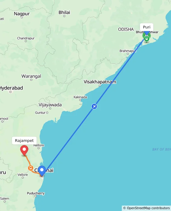 Route map showing distance and travel time from Puri, India to Rajampet, India