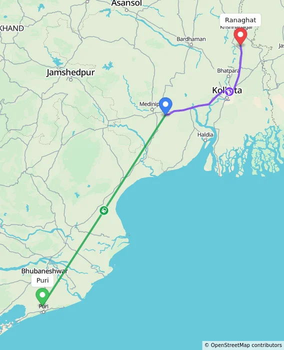 Route map showing distance and travel time from Puri, India to Ranaghat, India