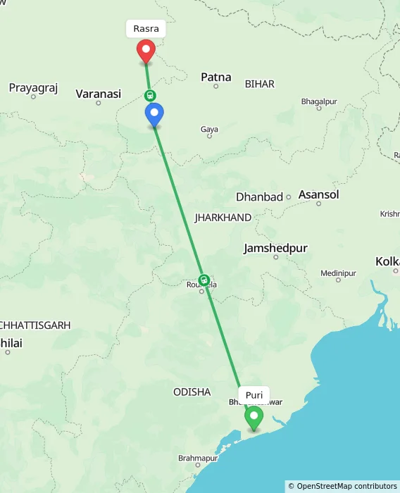 Route map showing distance and travel time from Puri, India to Rasra, India