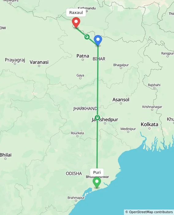 Route map showing distance and travel time from Puri, India to Raxaul, India