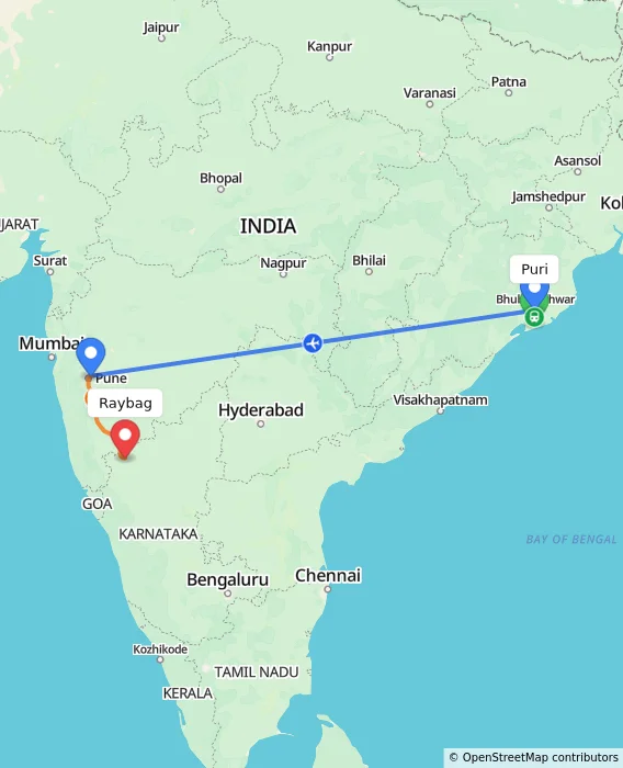 Route map showing distance and travel time from Puri, India to Raybag, India