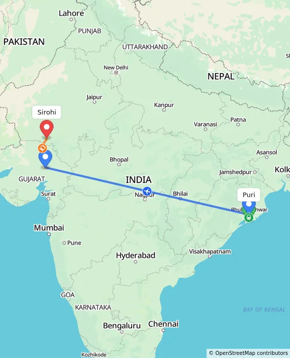Route map showing distance and travel time from Puri, India to Sirohi, India