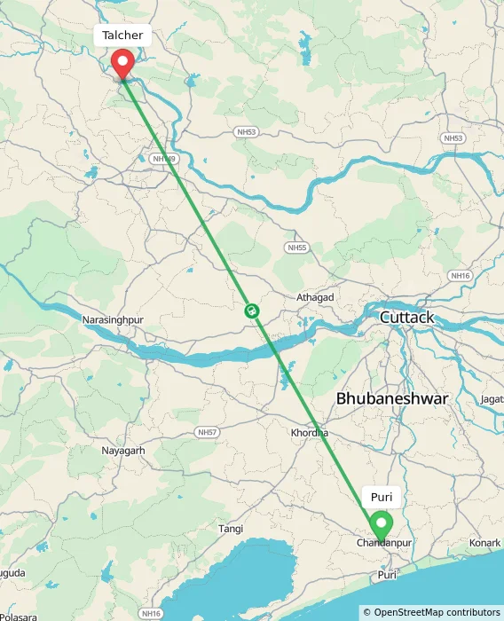 Route map showing distance and travel time from Puri, India to Talcher, India
