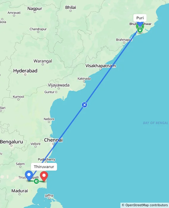 Route map showing distance and travel time from Puri, India to Thiruvarur, India