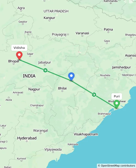 Route map showing distance and travel time from Puri, India to Vidisha, India