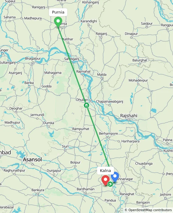 Route map showing distance and travel time from Purnia, India to Kalna, India