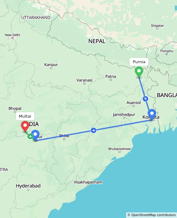 Route map showing distance and travel time from Purnia, India to Multai, India
