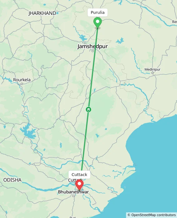 Route map showing distance and travel time from Purulia, India to Cuttack, India