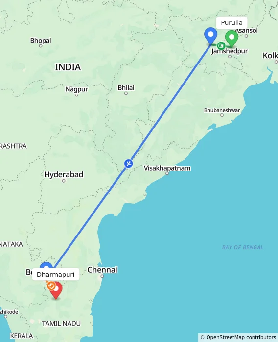 Route map showing distance and travel time from Purulia, India to Dharmapuri, India