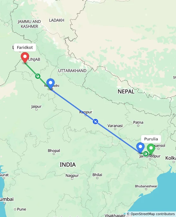 Route map showing distance and travel time from Purulia, India to Faridkot, India