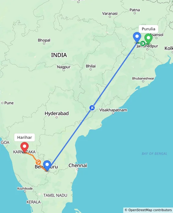 Route map showing distance and travel time from Purulia, India to Harihar, India