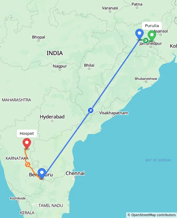 Route map showing distance and travel time from Purulia, India to Hospet, India
