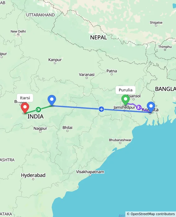 Route map showing distance and travel time from Purulia, India to Itarsi, India