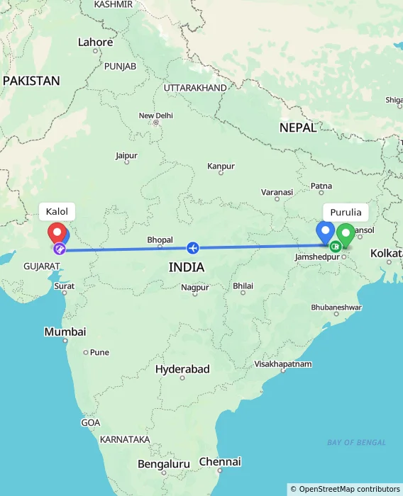 Route map showing distance and travel time from Purulia, India to Kalol, India