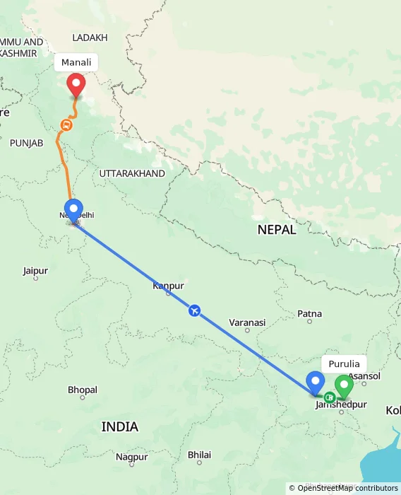 Route map showing distance and travel time from Purulia, India to Manali, India