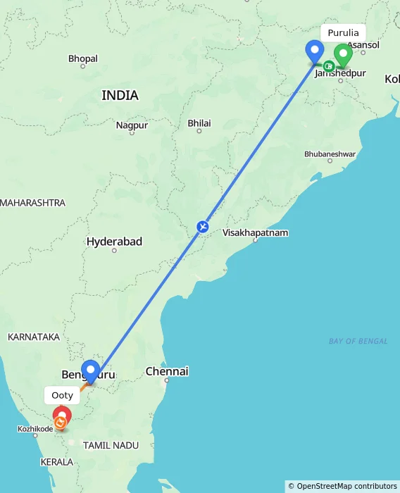Route map showing distance and travel time from Purulia, India to Ooty, India