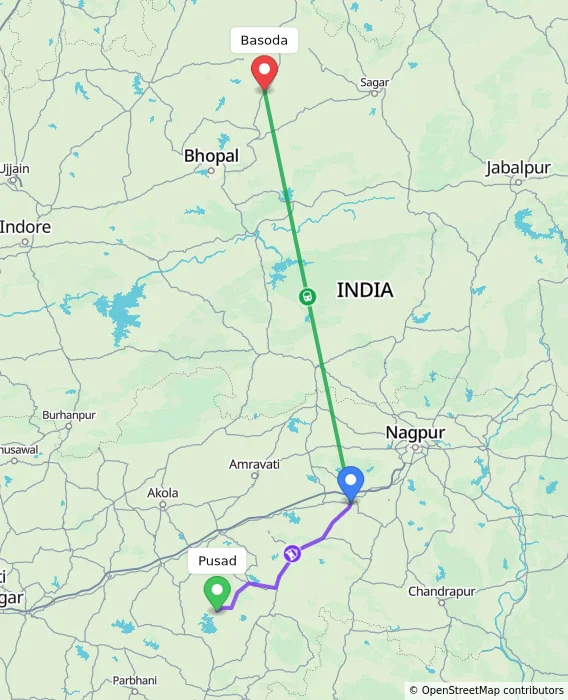 Route map showing distance and travel time from Pusad, India to Basoda, India