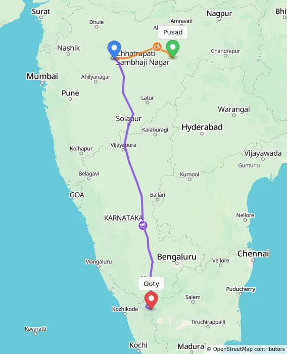 Route map showing distance and travel time from Pusad, India to Ooty, India
